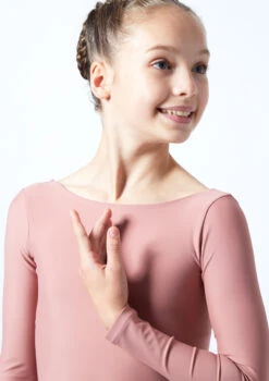 Move Dance Teen Camille Long Sleeve Leotard -Dance Costume Store mol5801 pnk close up front 1 24155.1678884473